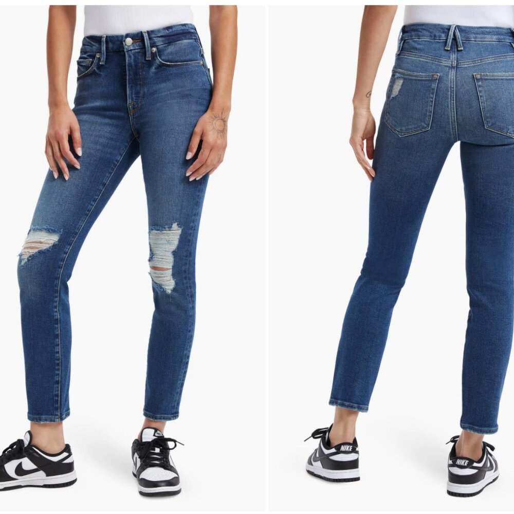 NWT Good American Good Legs Ripped High Waist Cigarette Jeans, Indigo, Size 0/25